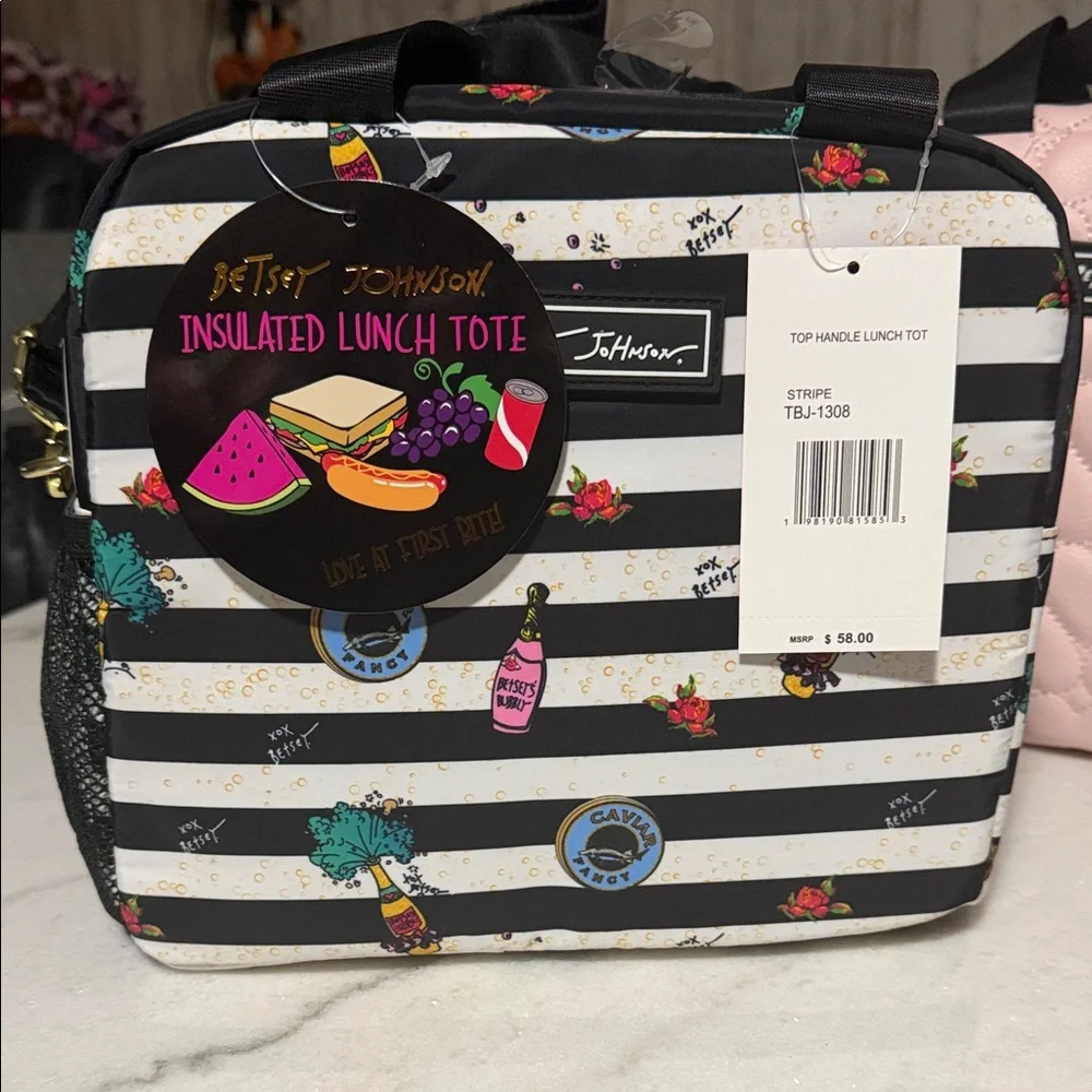 Betsey Johnson Black and White Striped Lunch Tote with Colorful Accents - Picture 1 of 7